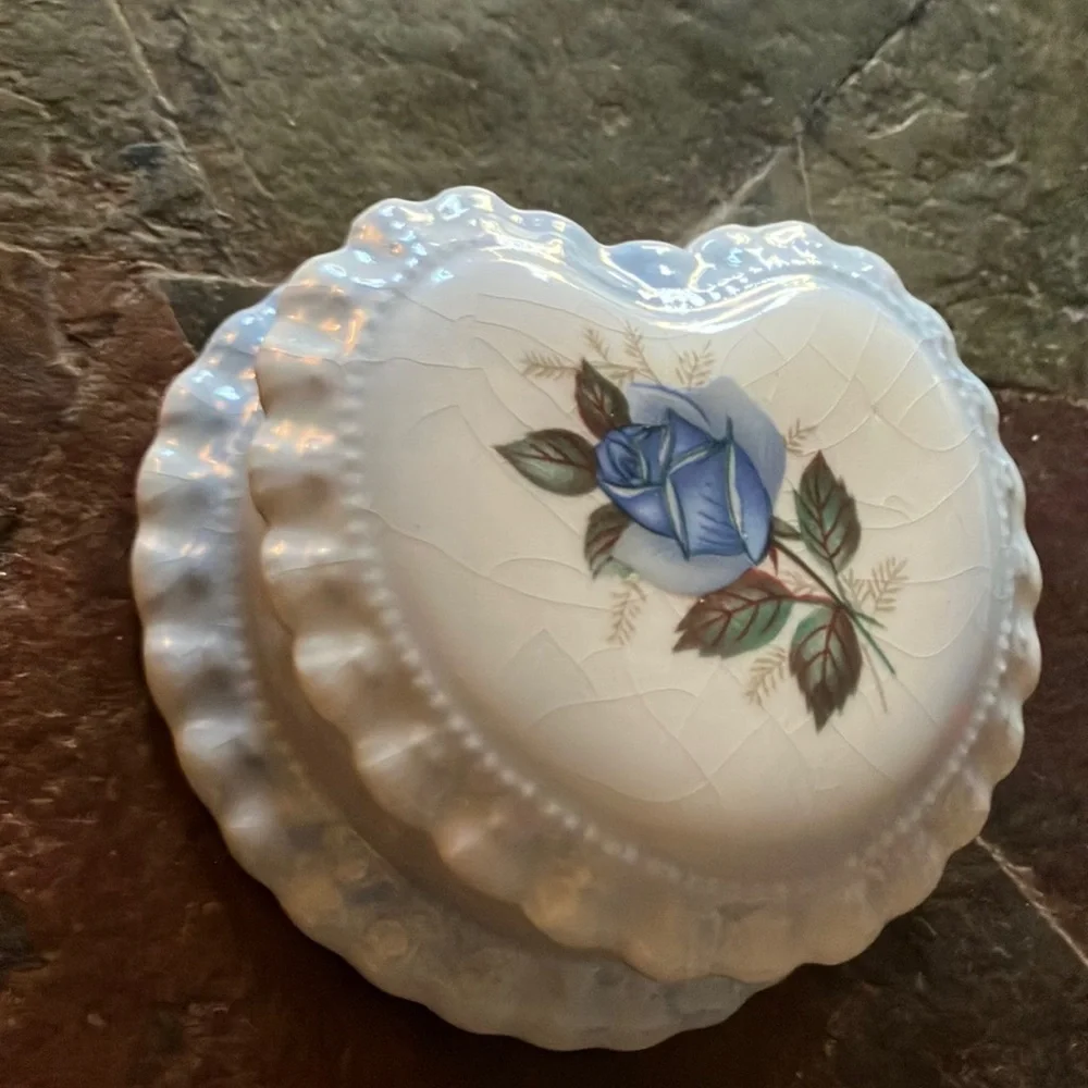 Heart-Shaped Porcelain Trinket Box with Blue‎ Rose and Ruffle Accents - Vintage